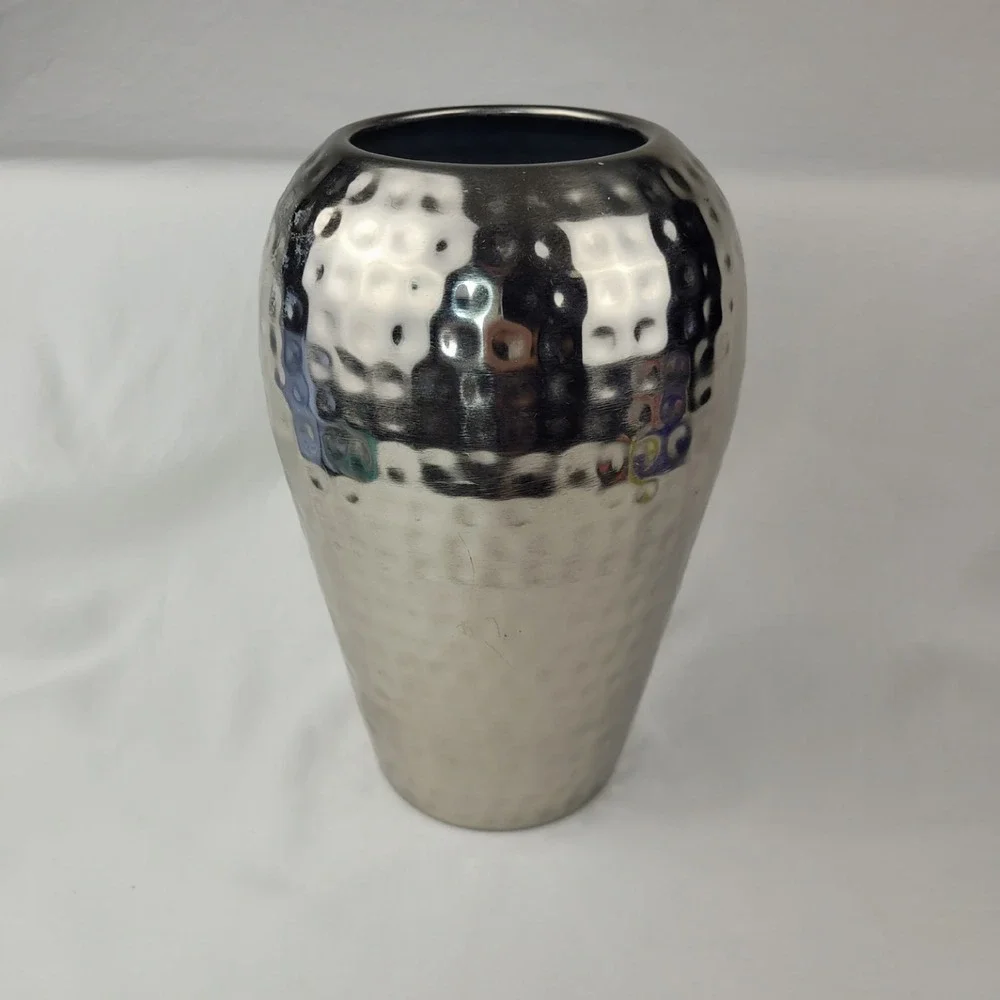 Hammered Silver Metal Vase Modern Dimpled Decorative Floral Urn